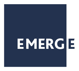 Logo for Emerge. White background with a blue box covering most of the logo, and white text reading 'Emerge'